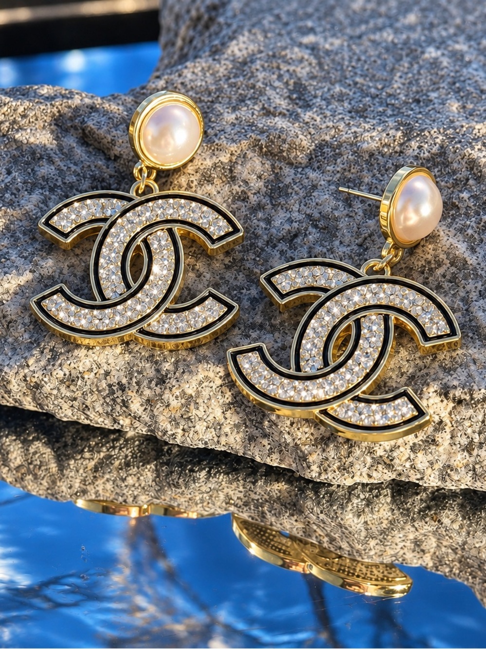 Pearl Crystal Double C Drop Earrings Gold Tone Statement Dangle Jewelry